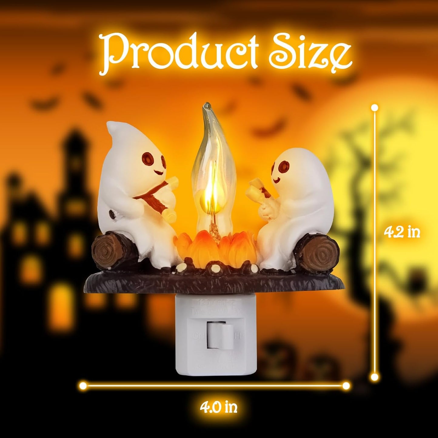 Ghost Campfire Flickering Night Light, 3D Small Electric Faux Campfire Night Light,Ghosts Campfire Flicker Flame Nightlight, 5In LED Campfire Night Lights Funny Halloween Decor