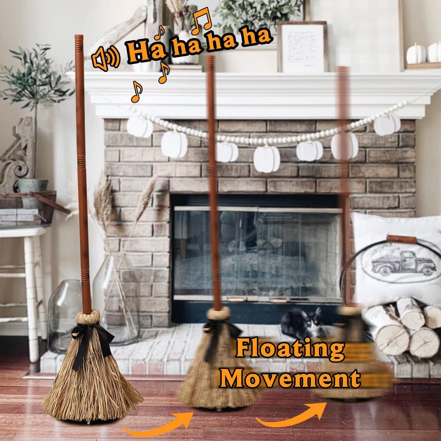 Halloween Witches Broom Moving Broom 43.5 Inches Moving Decoration with Spooky Sounds Witch Broom Prop for Halloween Party