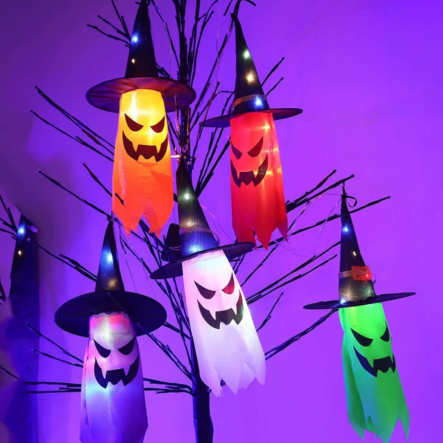 Halloween Decorations Outdoor 5 PCS Hanging Halloween Lighted Glowing Ghost Witch Hat with LED String Lights for Party Garden