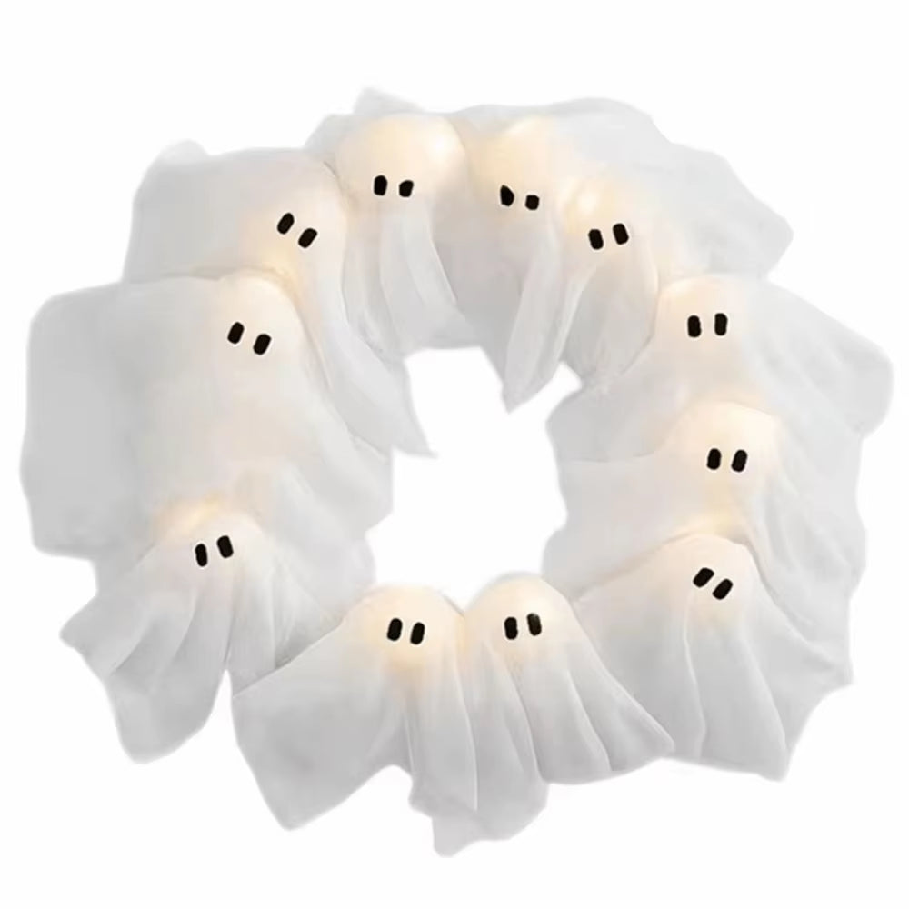 Funny 11 LED Lights Ghost Wreath 35Cm Cartoon Halloween Wreath Wall Decor White Spooky Front Door Hanging Decor Yard