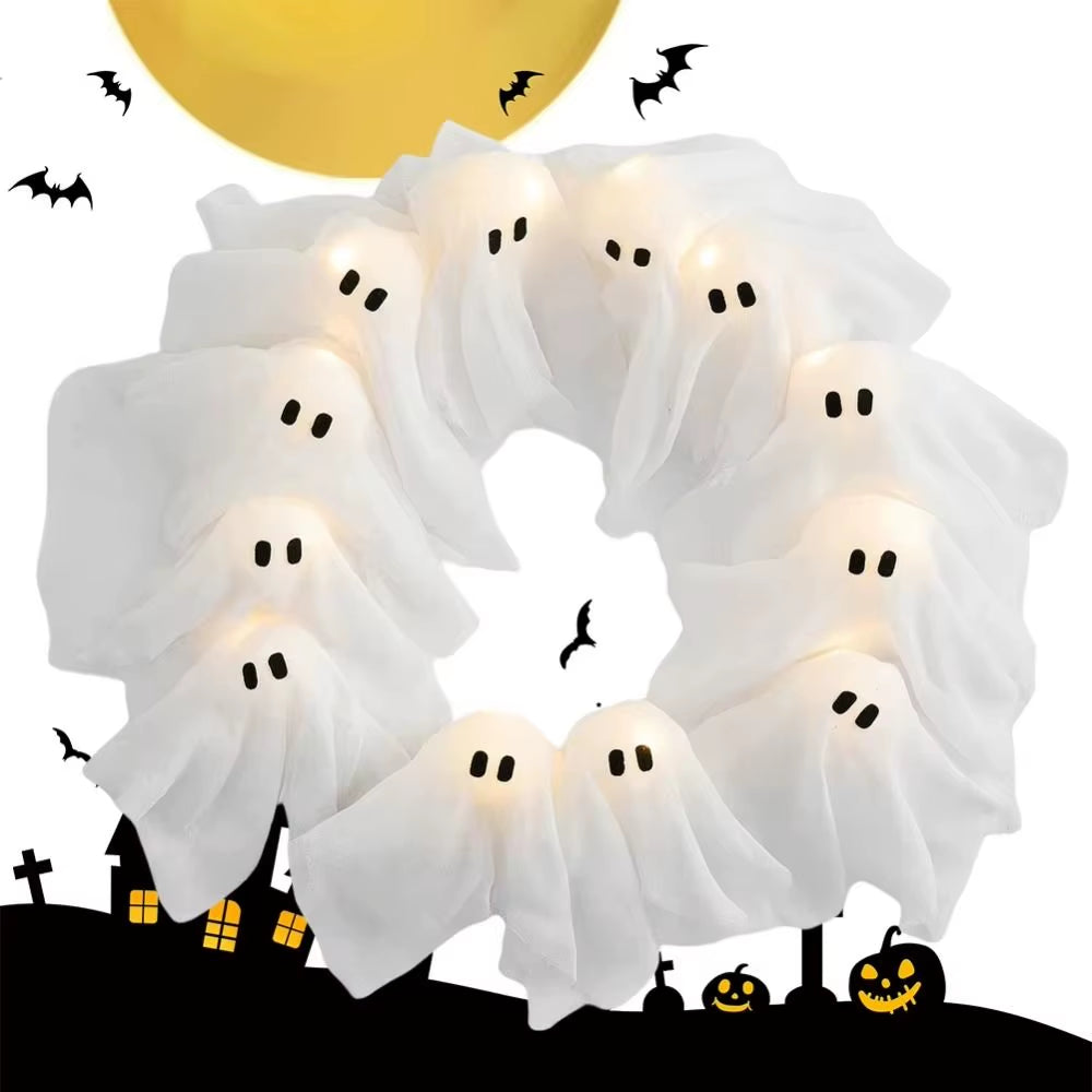 Funny 11 LED Lights Ghost Wreath 35Cm Cartoon Halloween Wreath Wall Decor White Spooky Front Door Hanging Decor Yard