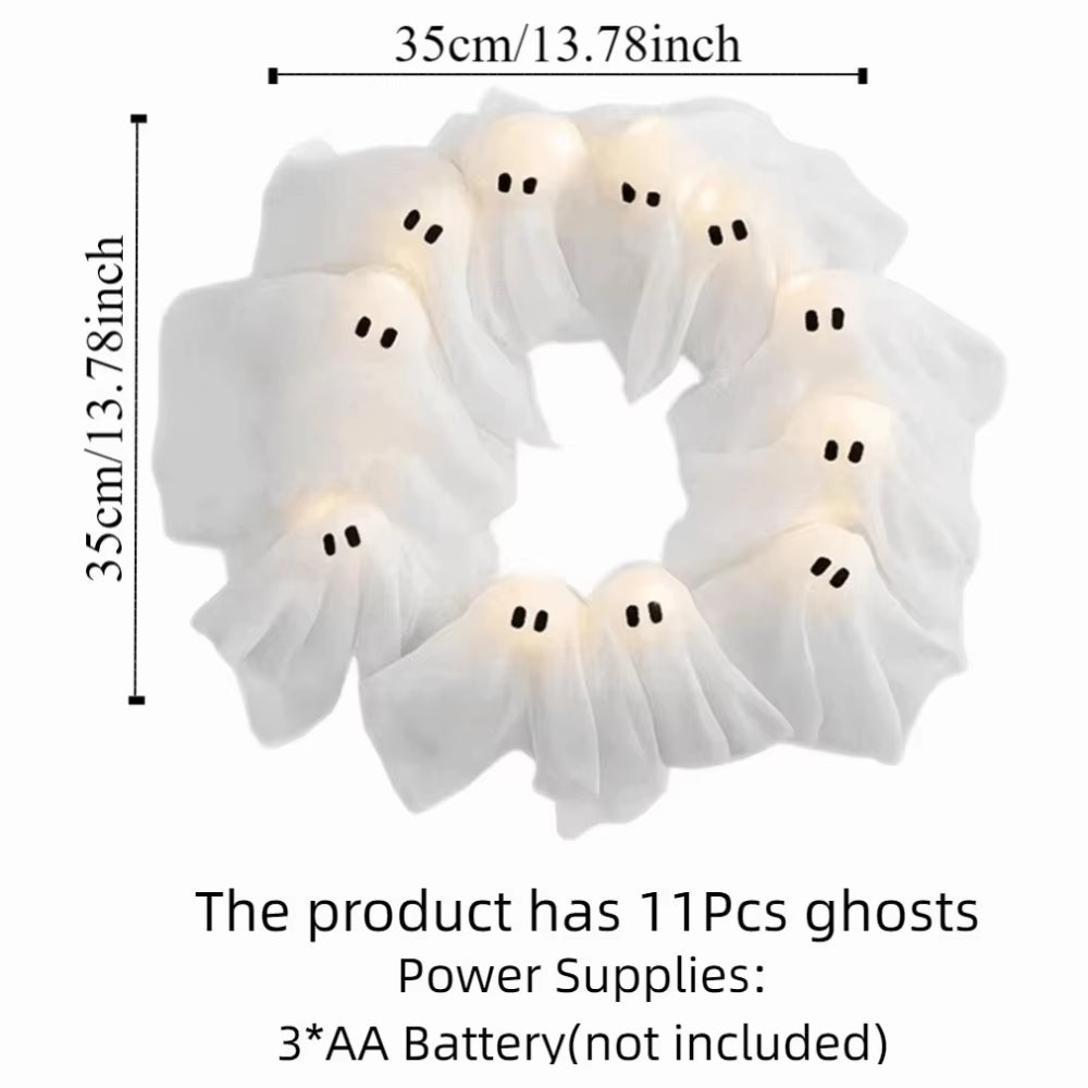 Funny 11 LED Lights Ghost Wreath 35Cm Cartoon Halloween Wreath Wall Decor White Spooky Front Door Hanging Decor Yard