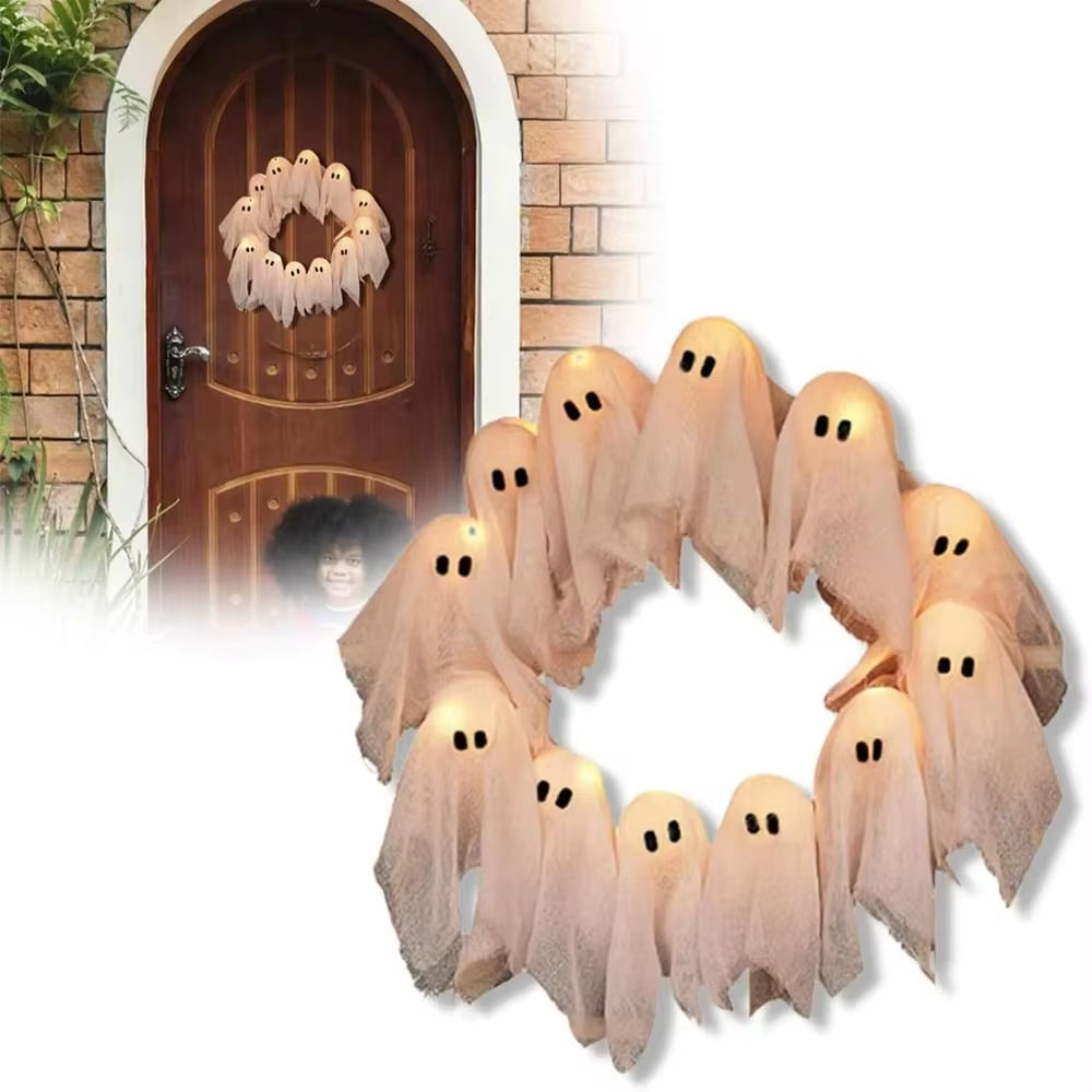 Funny 11 LED Lights Ghost Wreath 35Cm Cartoon Halloween Wreath Wall Decor White Spooky Front Door Hanging Decor Yard