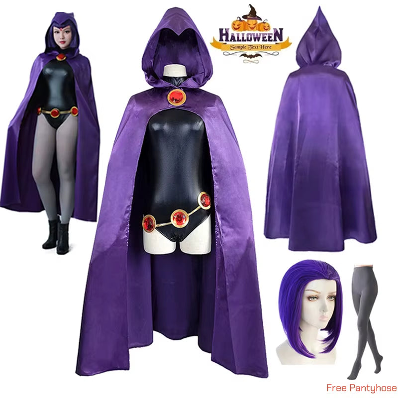 Women'S Teentitans-Raven Cosplay Costume Jumpsuit Purple Cloak with Belt Halloween Costume Uniform for Girls