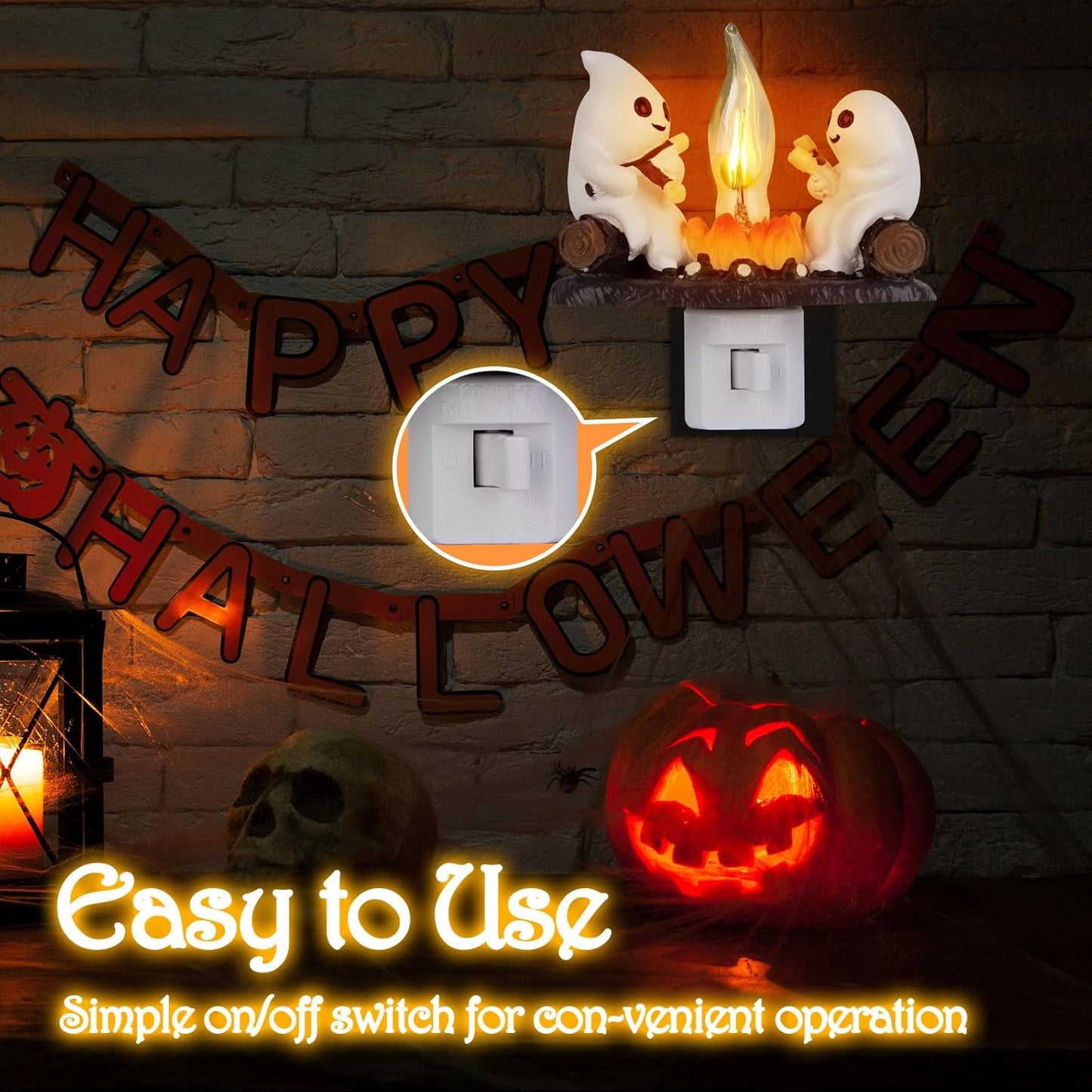Ghost Campfire Flickering Night Light, 3D Small Electric Faux Campfire Night Light,Ghosts Campfire Flicker Flame Nightlight, 5In LED Campfire Night Lights Funny Halloween Decor