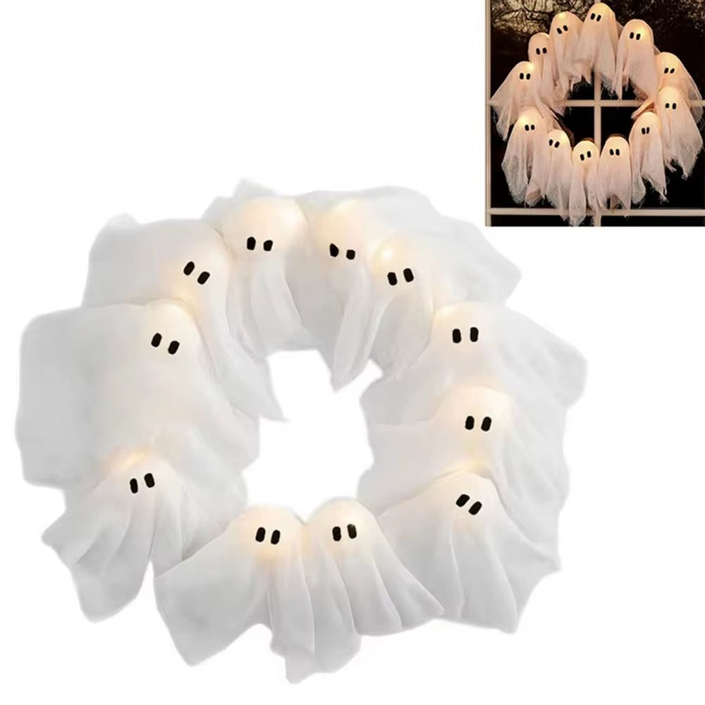 Funny 11 LED Lights Ghost Wreath 35Cm Cartoon Halloween Wreath Wall Decor White Spooky Front Door Hanging Decor Yard