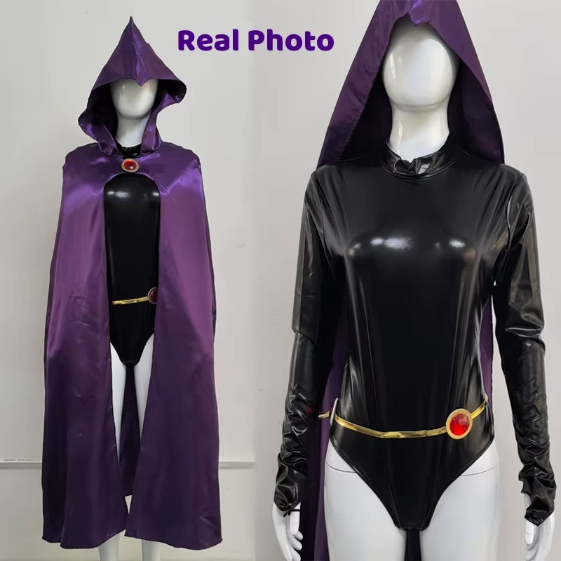 Women'S Teentitans-Raven Cosplay Costume Jumpsuit Purple Cloak with Belt Halloween Costume Uniform for Girls