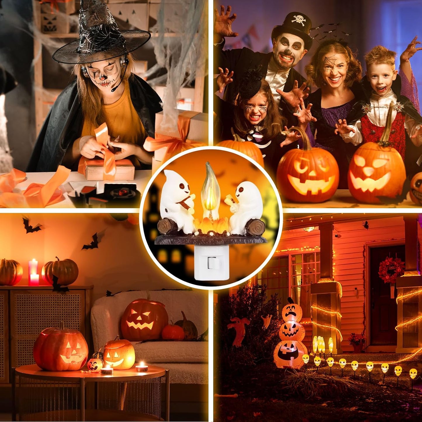 Ghost Campfire Flickering Night Light, 3D Small Electric Faux Campfire Night Light,Ghosts Campfire Flicker Flame Nightlight, 5In LED Campfire Night Lights Funny Halloween Decor
