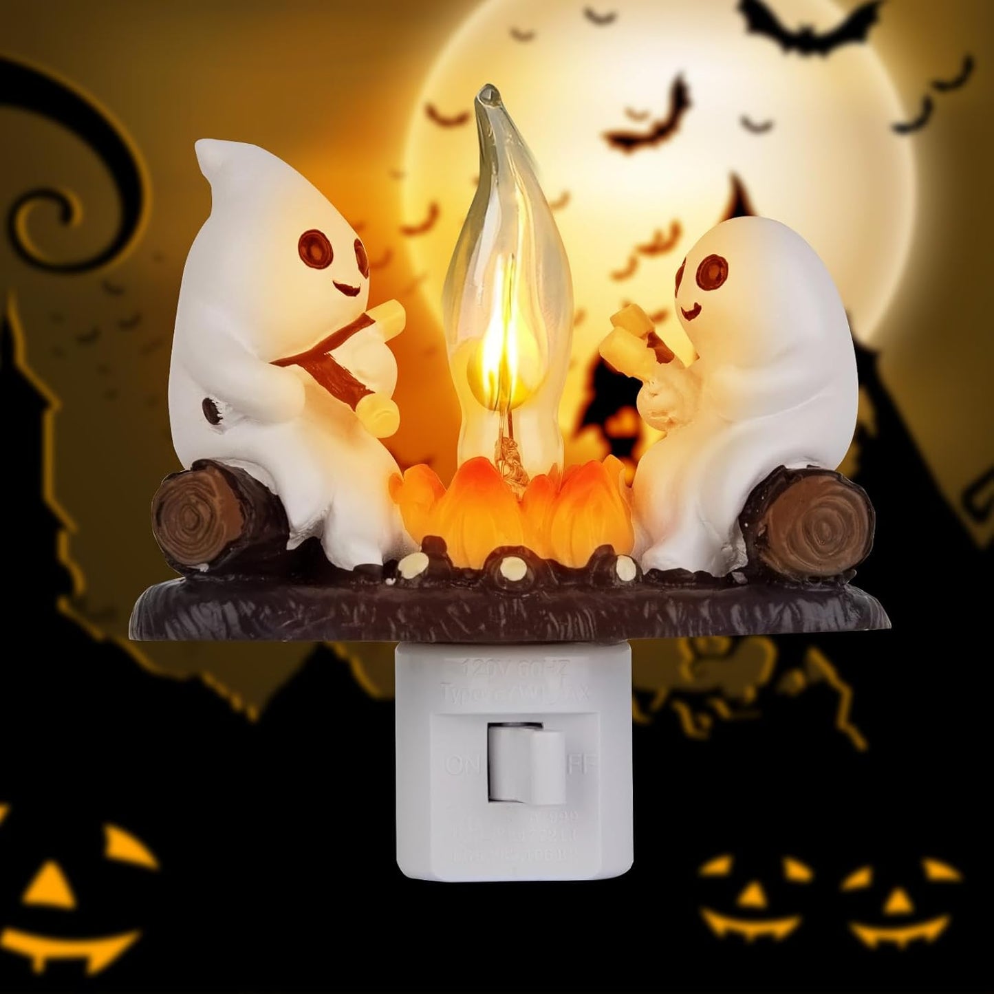 Ghost Campfire Flickering Night Light, 3D Small Electric Faux Campfire Night Light,Ghosts Campfire Flicker Flame Nightlight, 5In LED Campfire Night Lights Funny Halloween Decor