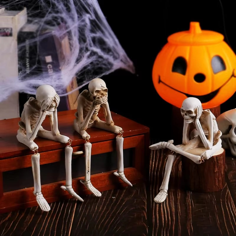 Halloween Statues Resin See Speak Hear No Evil Skeleton Figurines Resin Realistic Skull Decor for Bookshelf Table Edge Ornament