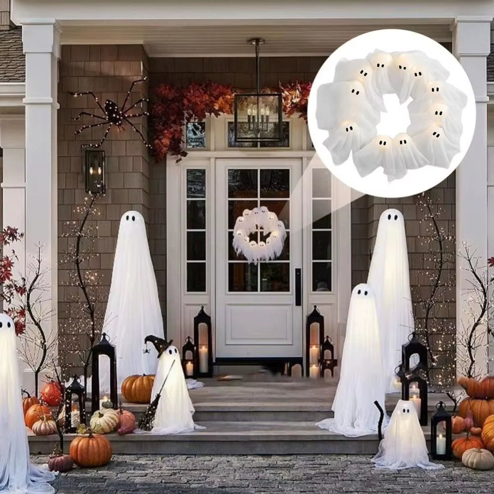 Funny 11 LED Lights Ghost Wreath 35Cm Cartoon Halloween Wreath Wall Decor White Spooky Front Door Hanging Decor Yard