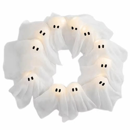 Funny 11 LED Lights Ghost Wreath 35Cm Cartoon Halloween Wreath Wall Decor White Spooky Front Door Hanging Decor Yard