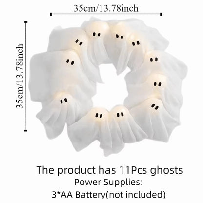 Funny 11 LED Lights Ghost Wreath 35Cm Cartoon Halloween Wreath Wall Decor White Spooky Front Door Hanging Decor Yard