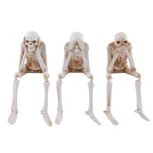 Halloween Statues Resin See Speak Hear No Evil Skeleton Figurines Resin Realistic Skull Decor for Bookshelf Table Edge Ornament