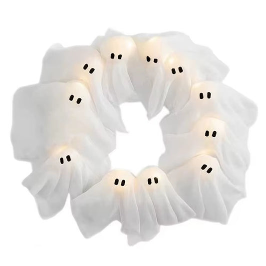 Funny 11 LED Lights Ghost Wreath 35Cm Cartoon Halloween Wreath Wall Decor White Spooky Front Door Hanging Decor Yard