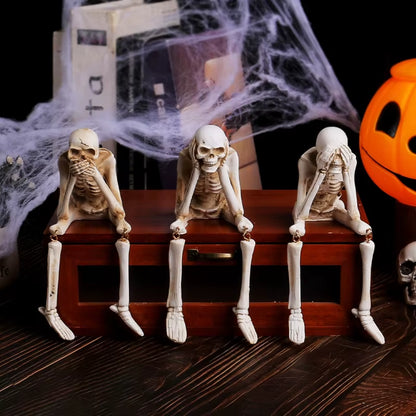 Halloween Statues Resin See Speak Hear No Evil Skeleton Figurines Resin Realistic Skull Decor for Bookshelf Table Edge Ornament