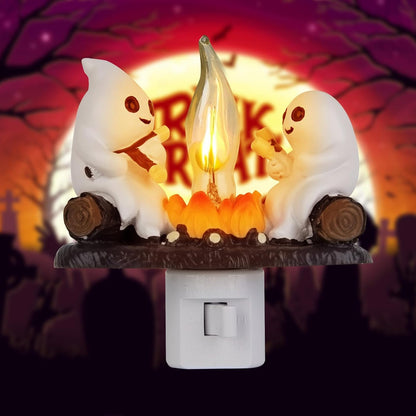 Ghost Campfire Flickering Night Light, 3D Small Electric Faux Campfire Night Light,Ghosts Campfire Flicker Flame Nightlight, 5In LED Campfire Night Lights Funny Halloween Decor