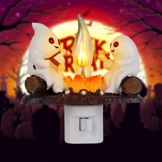 Ghost Campfire Flickering Night Light, 3D Small Electric Faux Campfire Night Light,Ghosts Campfire Flicker Flame Nightlight, 5In LED Campfire Night Lights Funny Halloween Decor