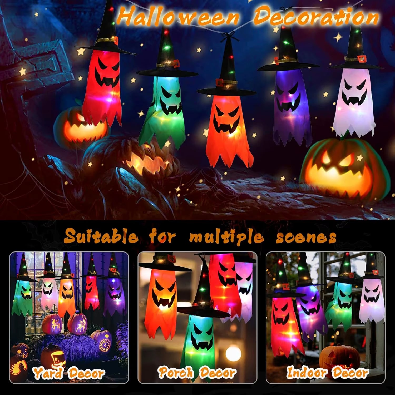 Halloween Decorations Outdoor 5 PCS Hanging Halloween Lighted Glowing Ghost Witch Hat with LED String Lights for Party Garden