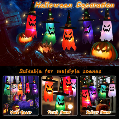 Halloween Decorations Outdoor 5 PCS Hanging Halloween Lighted Glowing Ghost Witch Hat with LED String Lights for Party Garden